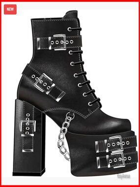 Women's Platform Ankle Boots with Straps, Buckles, and Chain Detail